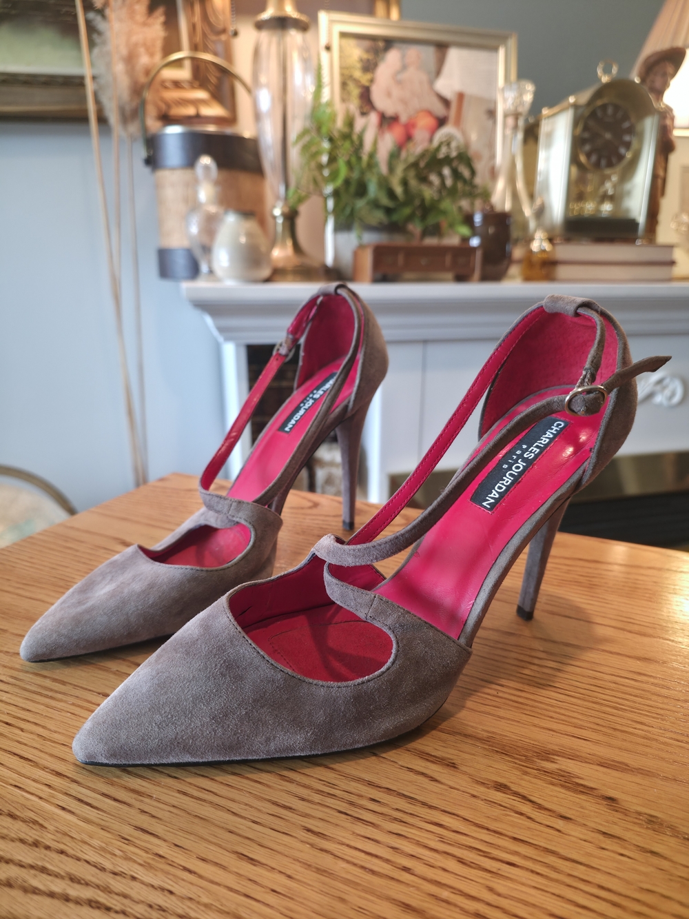 Charles Jourdan Paris Taupe Suede Asymmetric Ankle Strap Heels Pump 8.5M